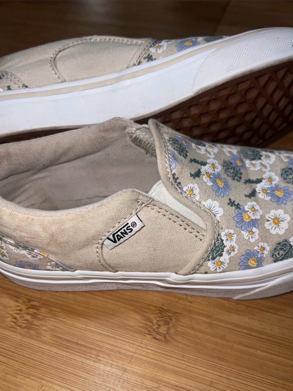 Vans Kids Beige Floral Slip-On Sneakers with White and Yellow Daisies